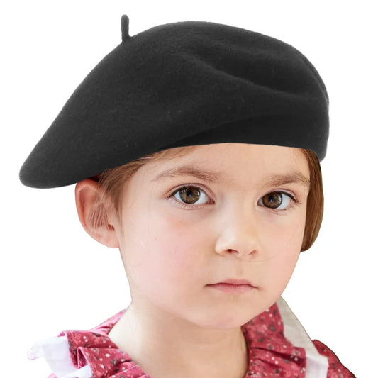 Wheebo Berets for Kids Wool French Beret Hats Artist Painter Hats for Little Girls Boys Solid Color Style(Black)