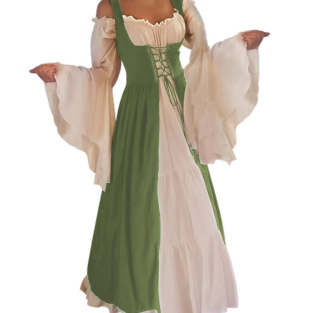 Abaowedding Womens's Medieval Renaissance Costume Cosplay Chemise and Over Dress Small/Medium Green and Ivory