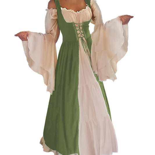 Abaowedding Womens's Medieval Renaissance Costume Cosplay Chemise and Over Dress Small/Medium Green and Ivory
