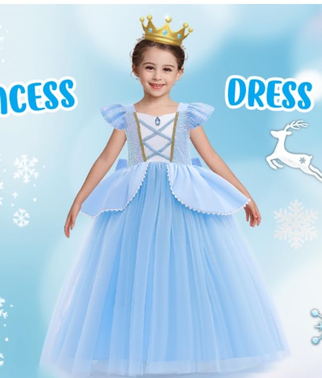 WYB Girls Princess Costume Dresses Blue Princess Dress Up Clothes with Accessories for Halloween Cosplay Carnival Party (5-6 years)