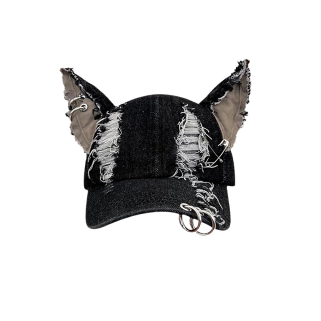 Y2k Iron Ring Trucker Hat Cat Ear Baseball Cap Women Caps Distressed Denim Baseball Cap Grunge Aesthetic Hat (Black)