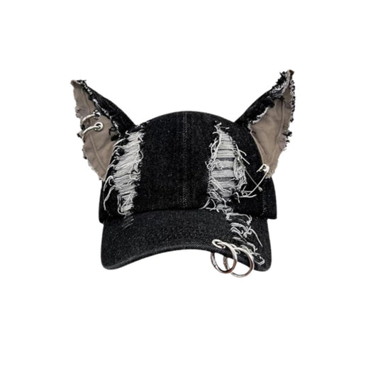 Y2k Iron Ring Trucker Hat Cat Ear Baseball Cap Women Caps Distressed Denim Baseball Cap Grunge Aesthetic Hat (Black)