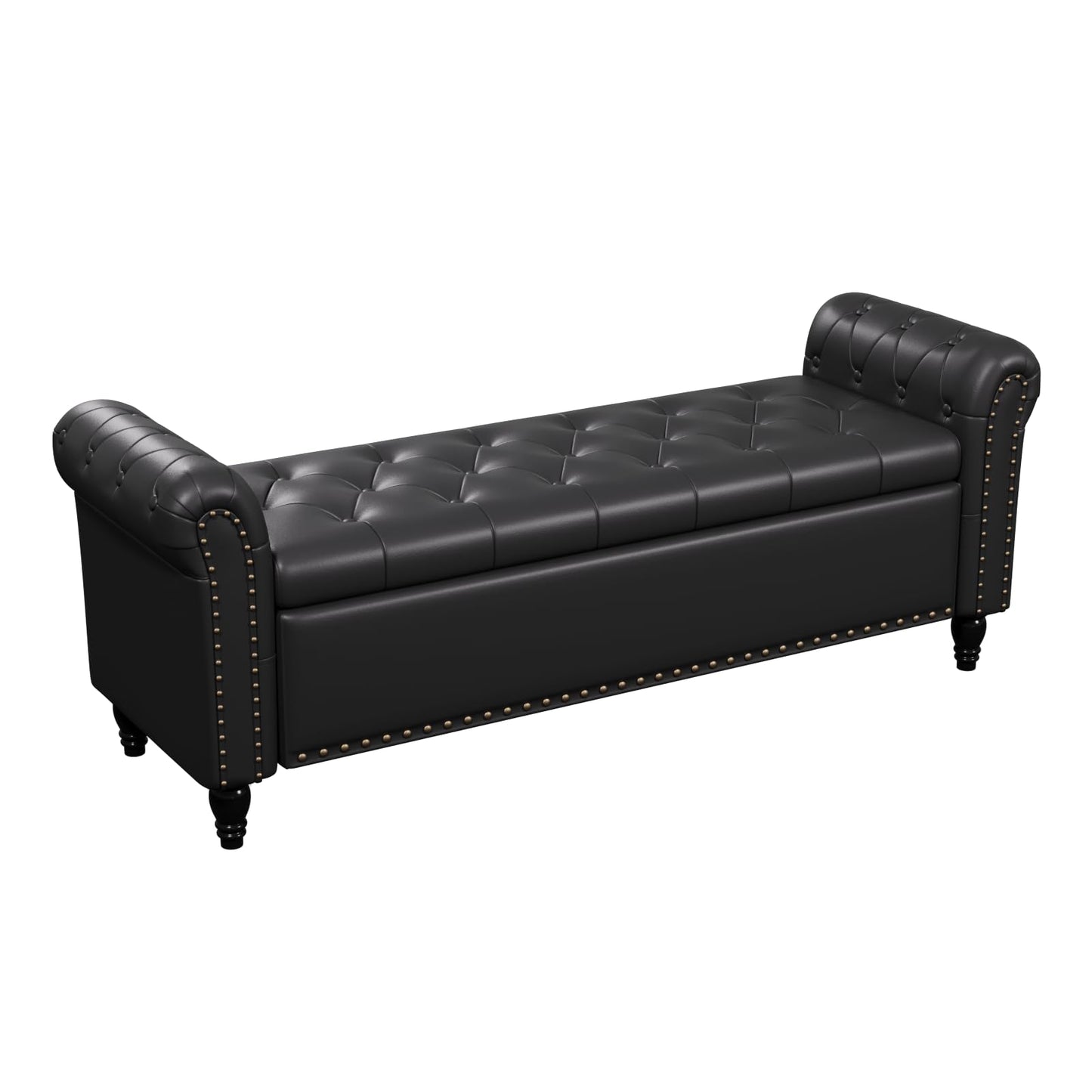 65 Inch Bedroom Bench, End of Bed Bench with Storage, Bed Benches for Foot of Bed, Faux Leather Window Bench with Tufted Button and Nailhead Trim, Upholstered Storage Bench with Rolled Arms, Black