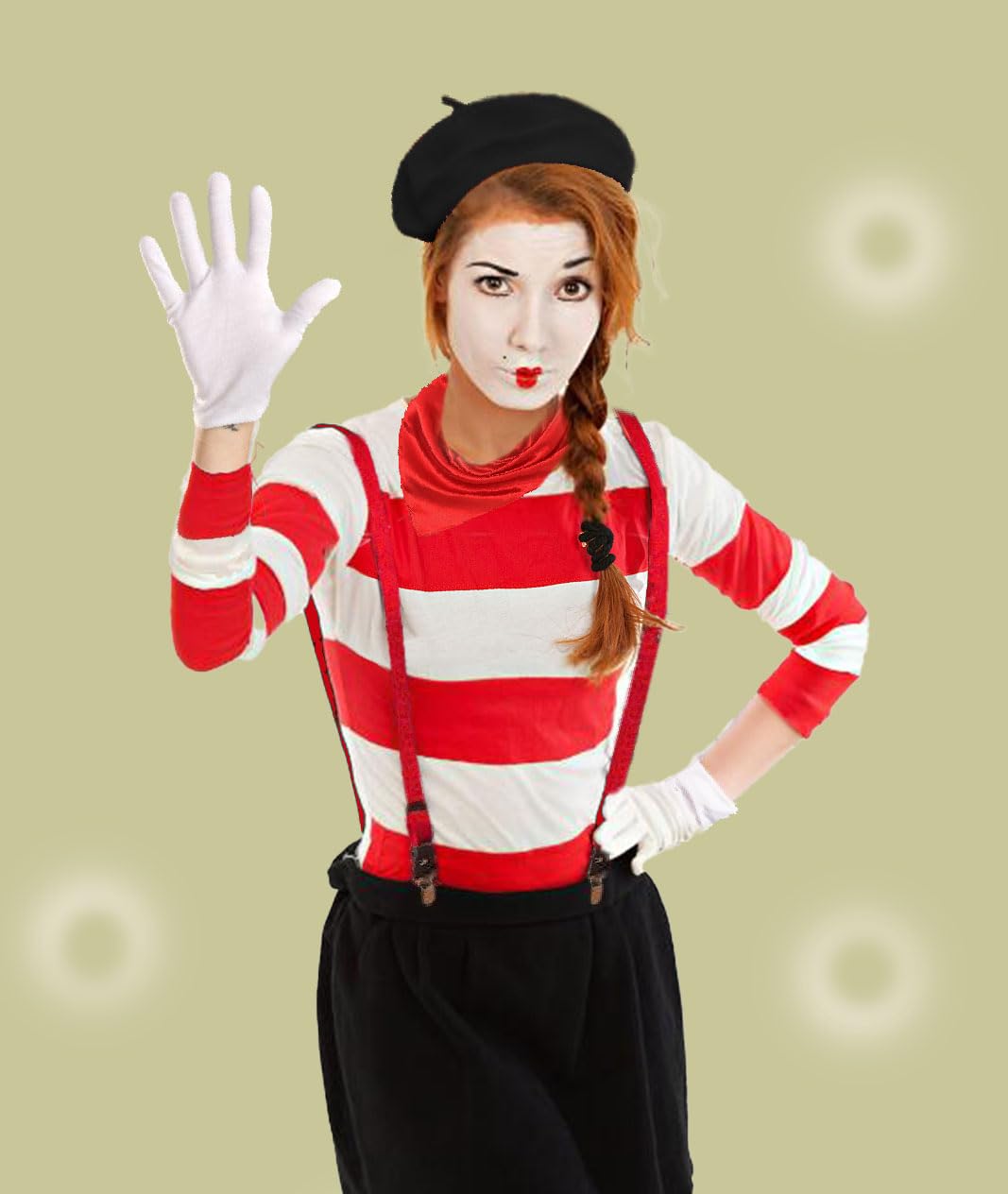 5 Pcs Mime Artist Costume Accessories Set Women French Mime Cosplay Outfit Includes Black Beret Red Suspender Scarf White Gloves and Black White Stripe Socks for Halloween Theme Party Dress up Decor