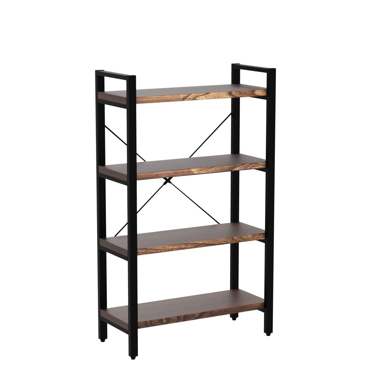 WH-AOERPUMY Solid Wood Bookshelf, 4-Tier Rustic Vintage Industrial Etagere Bookcase, Open Metal & Wood Vintage Book Shelf, Retro Brown