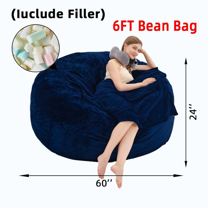 6FT Oversized Bean Bag，Bean Bag Chair with Filler Included，Foam Chairs for Adults，Memory Foam Bean Bag，Washable Soft Flannel, Suitable for Reading Leisure Chairs in Living Room.(Blue, 6FT)