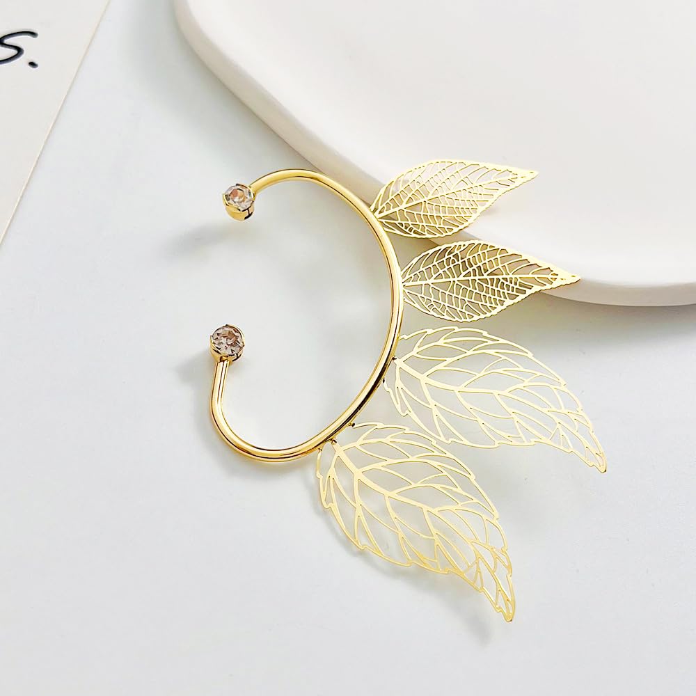 2Pcs Rhinestone Leaf Climbers Crawl Ear Clip Earrings Crystal Left Ear Cuff Wrap Clip Earring Jewelry for Women Party Accessories (Gold)