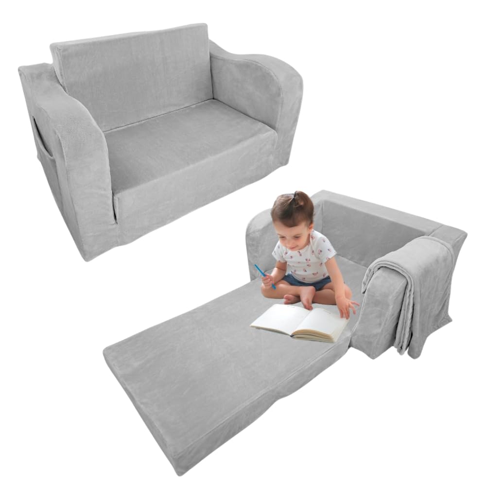 Wonder Space Kids Foam Couch with Blanket, Pre-Assembled Toddlers 2-in-1 Convertible Sofa, Indoor Foadable Lounger Chair & Flip Open Floor Bed for Boys & Girls (Grey)
