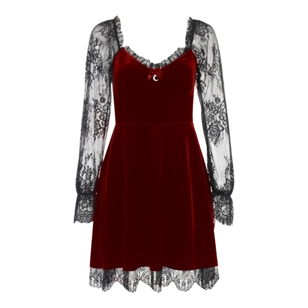 Women Gothic Lolita Dress Black Vintage Grunge Lace Velvet Cocktail Party Swing Dress Mesh Long Sleeve Steampunk Punk Mall Goth Dress Patchwork Sexy Romantic Aesthetic Alt Harajuku Dress Burgundy L