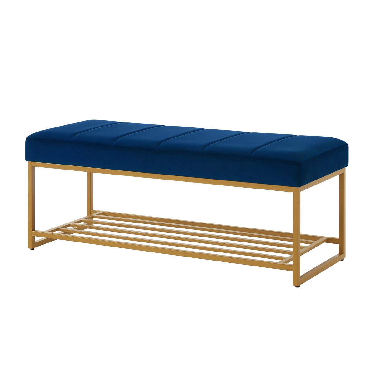24KF Navy Velvet Upholstered End of Bed Bench with Metal Shelf, Modern Tufted Channel Entryway Bench Footboard Bench for Living Room, Bedroom, Gold Bench,5036-Navy