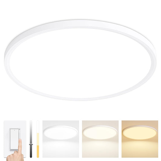 24 Inch Dimmable LED Ceiling Light Fixture, Ultra Thin Flush Mount, 48W 4800Lumen, 3 Color Changeable, Round, White, for Dining Room, Living Room, Bedroom, Office, Hotel