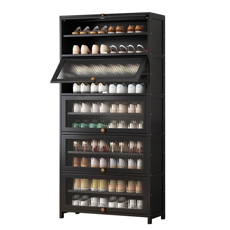 Voclym Tall Shoe Cabinet with Clear Doors, Large Capacity Bamboo Shoe Cabinet, 40-45 Pairs Shoe Rack Organizer for Closet Entrance, Hallway, Living Room, Bedroom