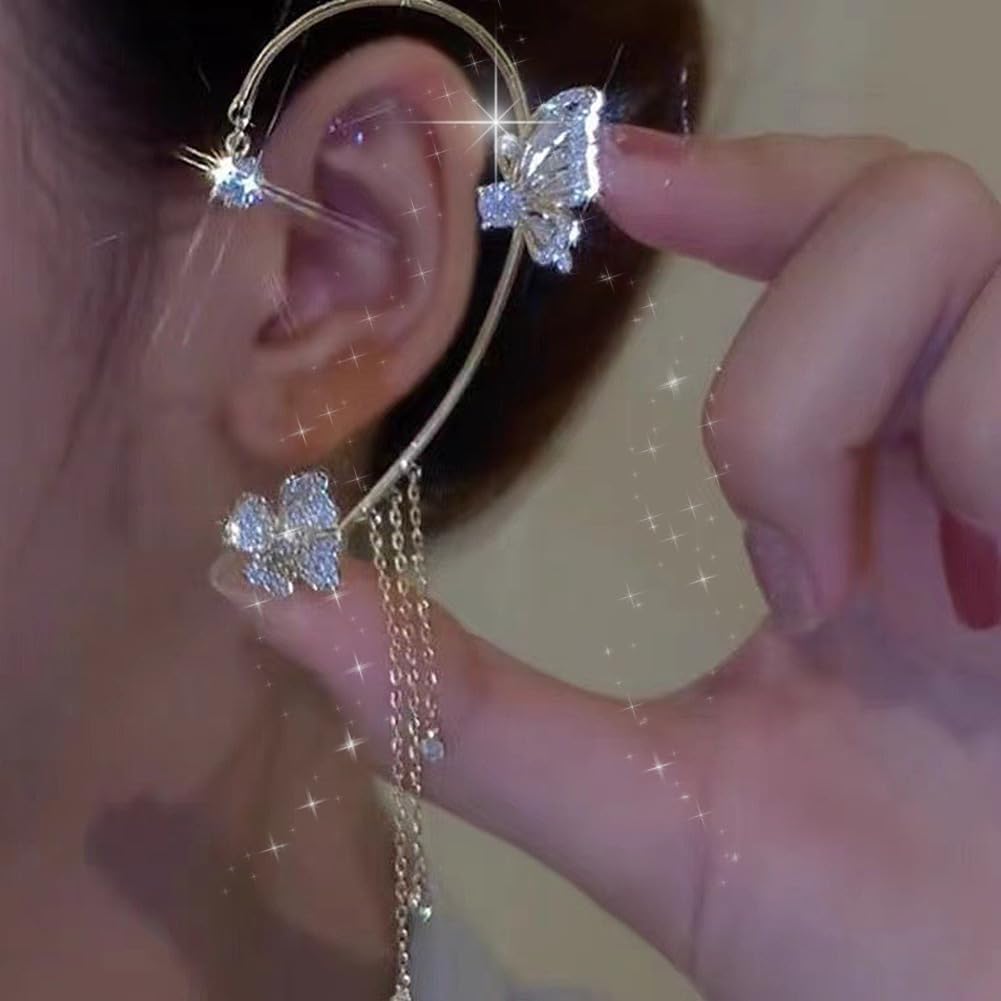 2PCS Butterfly Ear Cuffs Earrings Zircon Earrings Butterfly Ear Wrap No Piercing Eae Cuff Clip On Earrings For Women Jewelry (BB1600-GD)