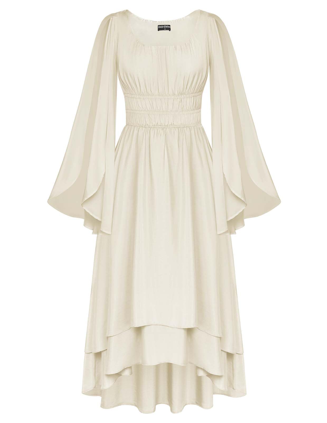 Women Renaissance Costume Split Bell Sleeve Double Layered High Low Dress Apricot S