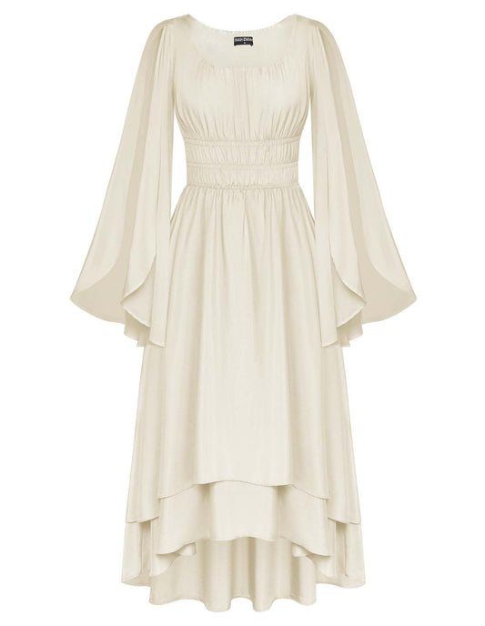 Women Renaissance Costume Split Bell Sleeve Double Layered High Low Dress Apricot S