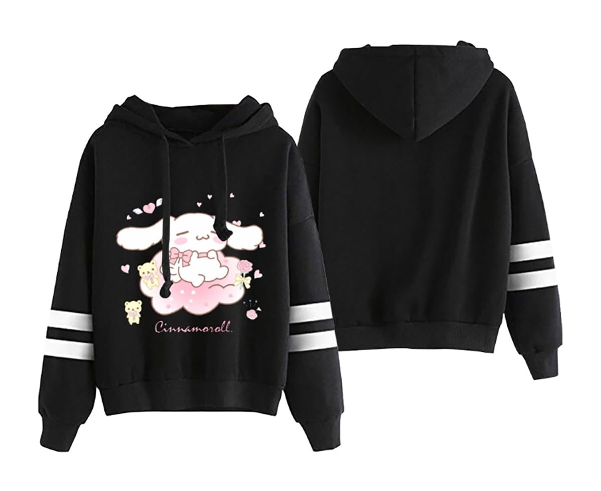 WANHONGYUE Anime Pullover Sweatshirt for Women Cute Cartoon Print Hoodie Teen Boys Girls Striped Long Sleeve Hooded Sweater, Black/1, XXS