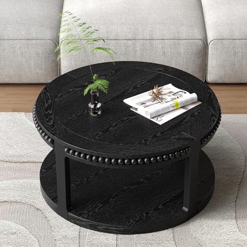 31.5" 2 Tier Round Wood Coffee Table with Open Storage Shelf, Modern Farmhouse Small Circle Center Table with Delicate Beaded Trim Edges & Sturdy Legs, Wooden Coffee Tables for Living Room, Black