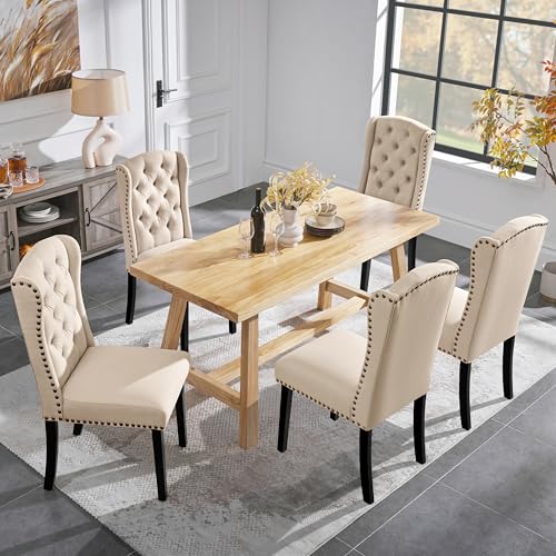 Yaheetech Upholstered Dining Chairs Set of 6 Button Tufted Kitchen Chairs with Solid Wood Legs and Nailhead Trims for Dining Room, Living Room, Restaurant, Beige