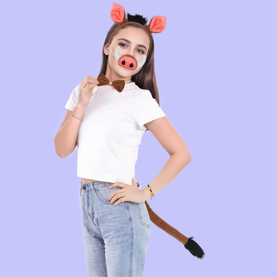 4 Pieces Warthog Ears and Tail Set - Wild Boar Headband with Nose Tail Bow Tie Cosplay Party Halloween Costume Accessories for Kids and Adults