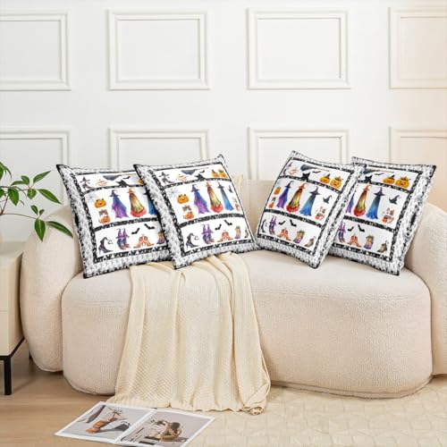 Witch Pumpkin Lantern Double Sides Print Pillow Cover,Happy Halloween Throw Pillow Case Cover for Couch Chair,Gothic Style Cartoon 20"x 20" Cushion Cover Room Decor,Pack of 4