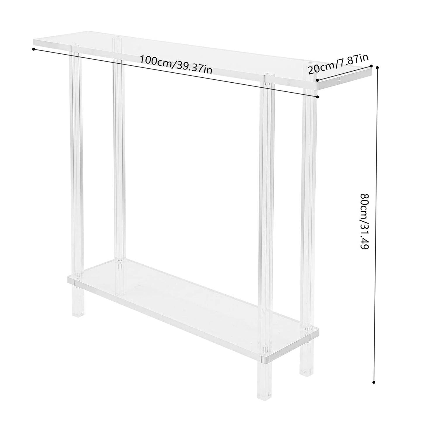 2-Tier Acrylic Narrow Console Tables, Skinny Bookshelf Slim Entry Table, Modern Side Table with Cylindrical Legs for Hallway, Living Room, Dining Room Clear 39.4" L X 7.9" W X 31.5" H