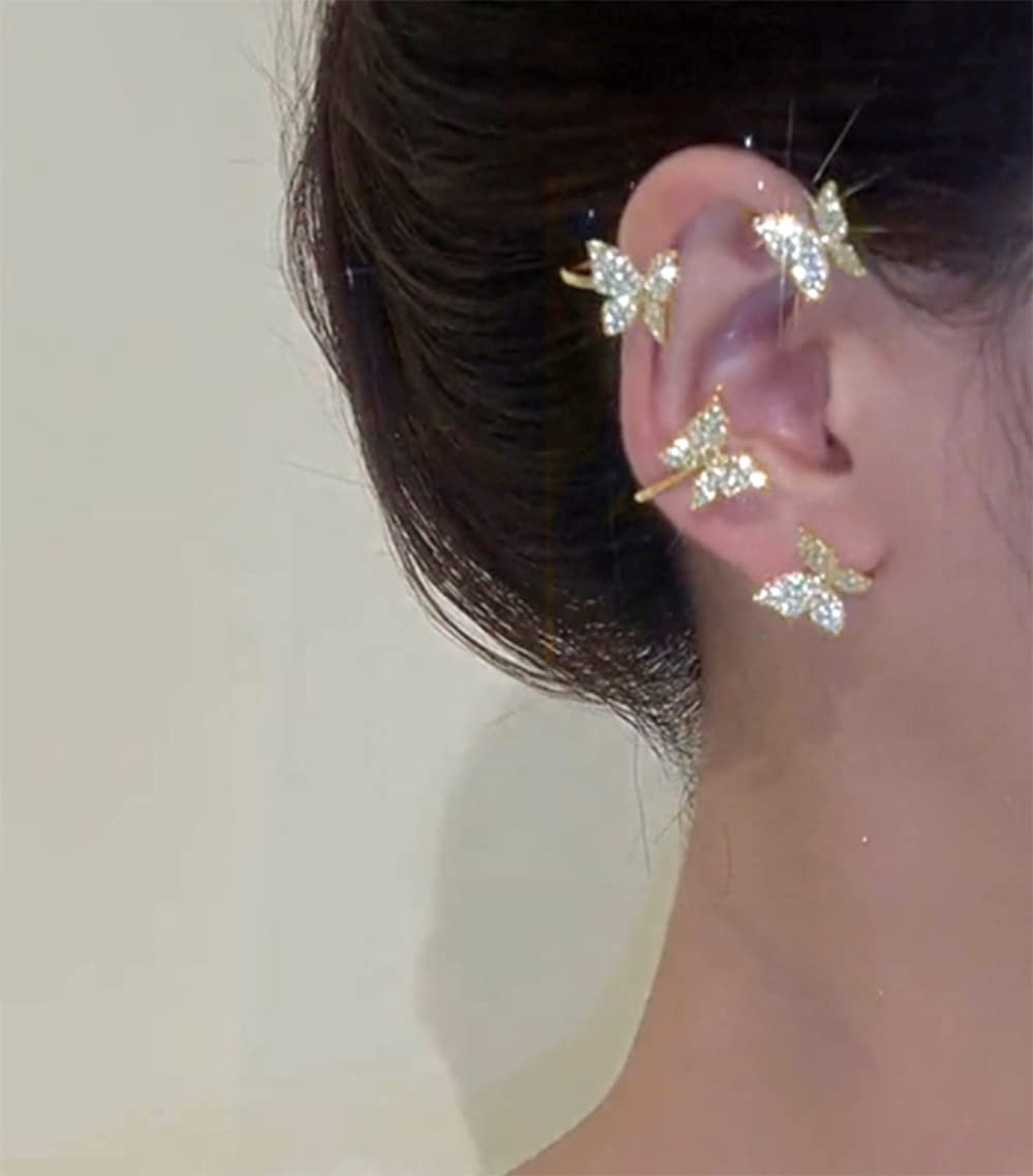 2Pcs Zircon Butterfly Ear Cuff Earrings for Women No Piercing Butterfly Ear Clip Wrap Around Fake Earrings Ear Wrap Crawler Rhinestone Jewerly (silver)