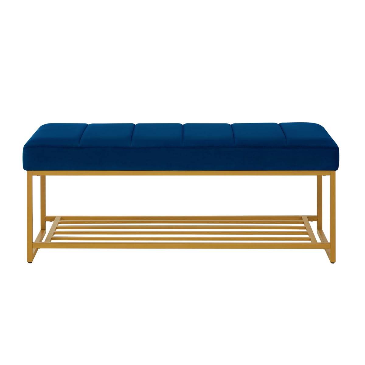24KF Navy Velvet Upholstered End of Bed Bench with Metal Shelf, Modern Tufted Channel Entryway Bench Footboard Bench for Living Room, Bedroom, Gold Bench,5036-Navy