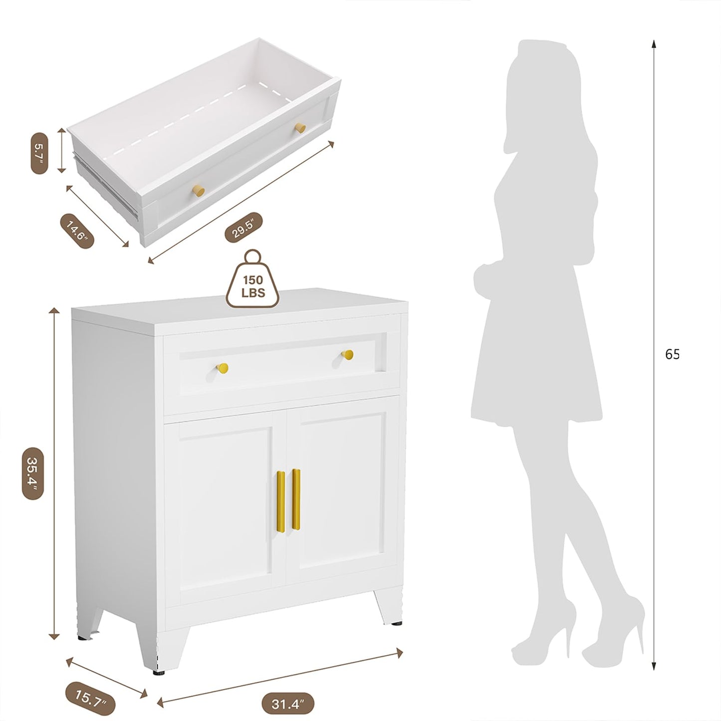 YAUWOH Metal Sideboard Cabinet with Big Drawers,Farmhouse Coffee Bar with One Adjustable Shelves,Buffet Cabinet,Metal Storage Cabient for Kitchen, Dining Room, Entryway, White