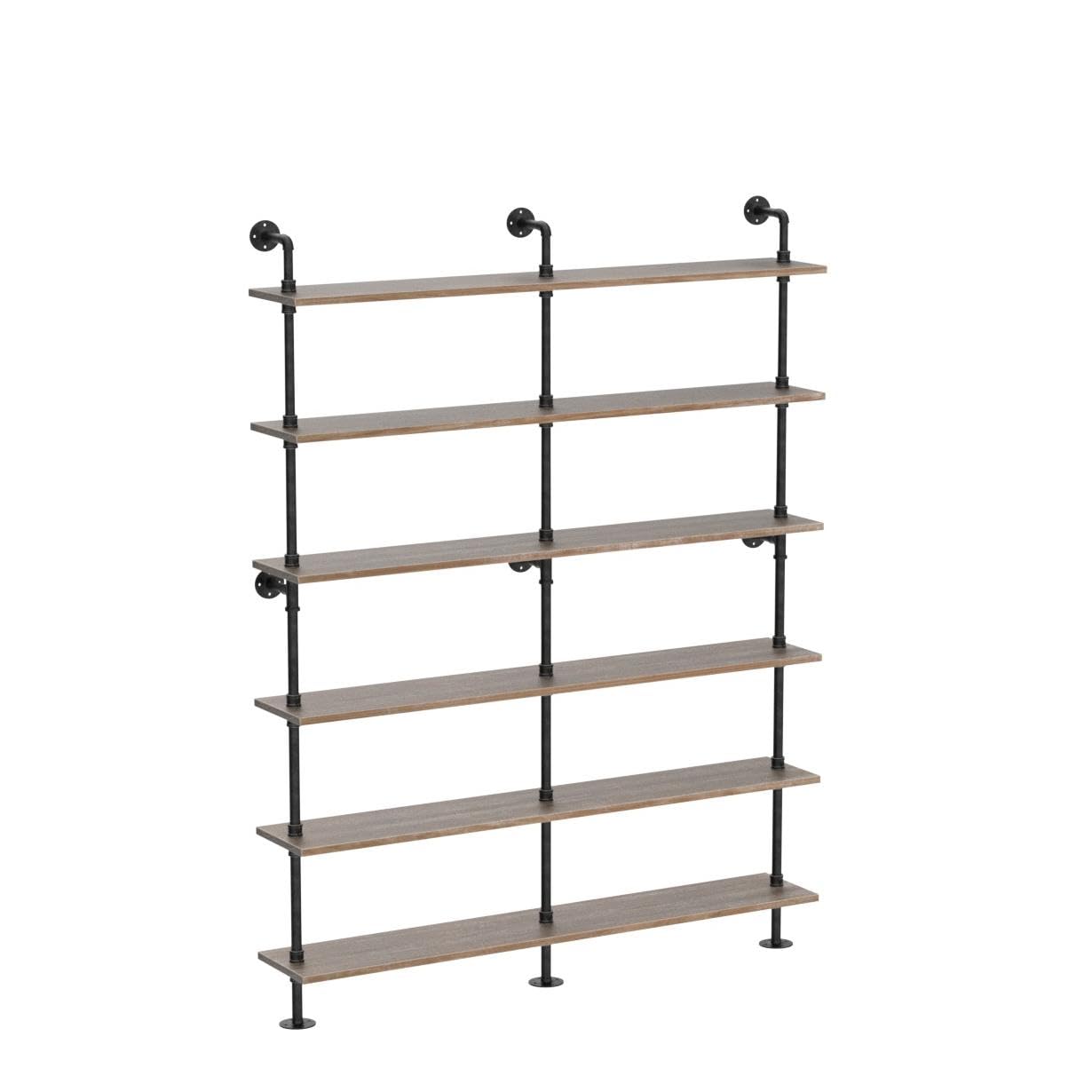 WGX Design For You Industrial 6-Tiers Modern Ladder Shelf Bookcase,Solid Wood Storage Shelf,Display Shelving, Wall Mounted Wood Shelves, Pipe Wood Shelves Bookshelf Vintage Wrought Iron Finish (Gray)