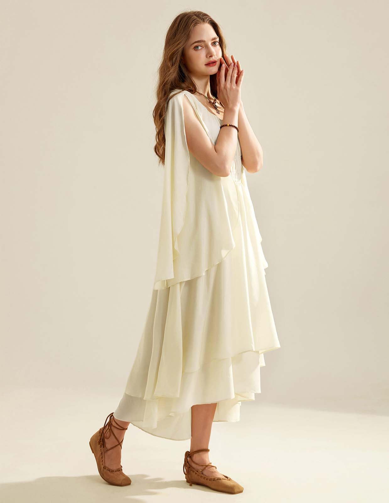 Women Renaissance Costume Split Bell Sleeve Double Layered High Low Dress Apricot S