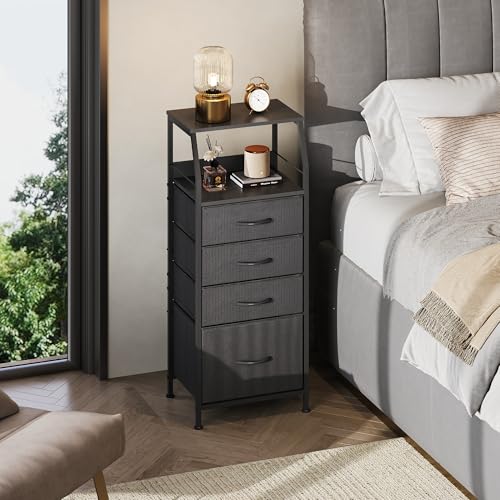WLIVE Tall Nightstand with 4 Fabric Drawers & Open Shelf, Bedside Table for Bedroom, Modern Tall Dresser, Classic Black
