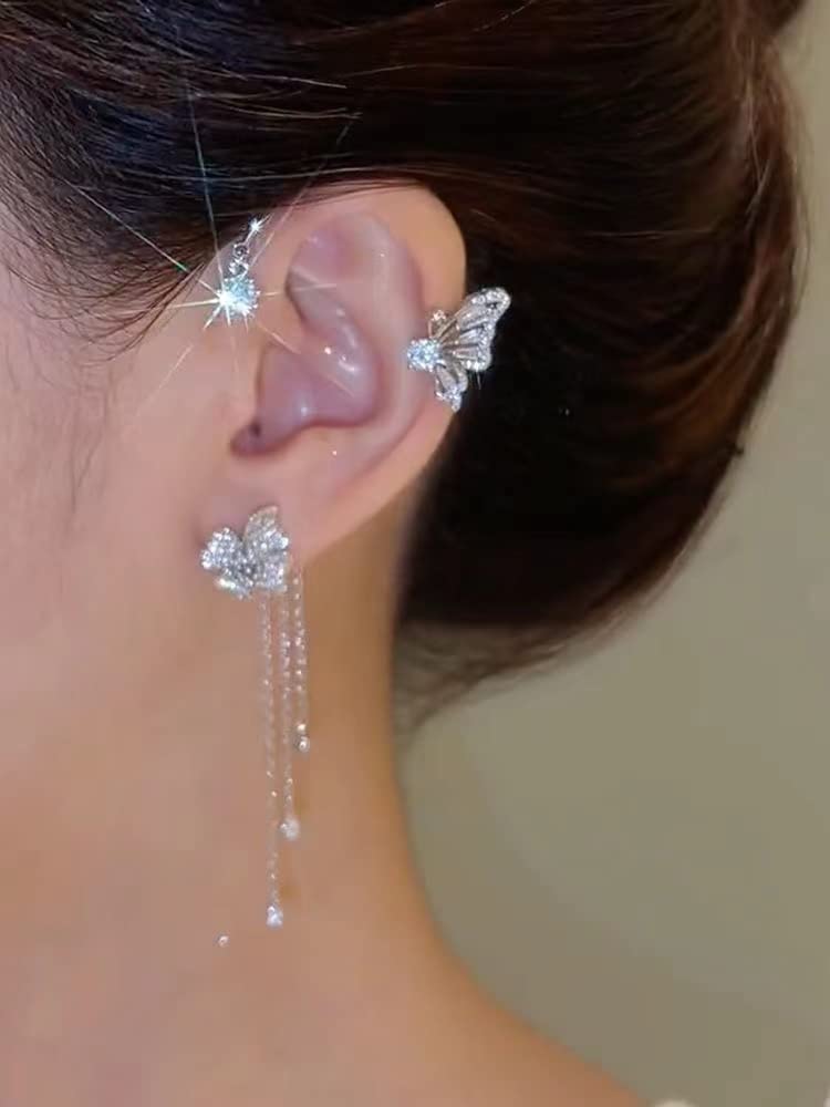 2PCS Butterfly Tassel Zircon Earrings - Butterfly Ear Cuffs, No Piercing, Fairy Ear Clip Jewelry Gifts (style s)