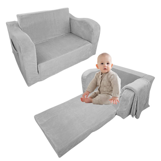 Wonder Space Kids Foam Couch with Blanket, Pre-Assembled Toddlers 2-in-1 Convertible Sofa, Indoor Foadable Lounger Chair & Flip Open Floor Bed for Boys & Girls (Grey)