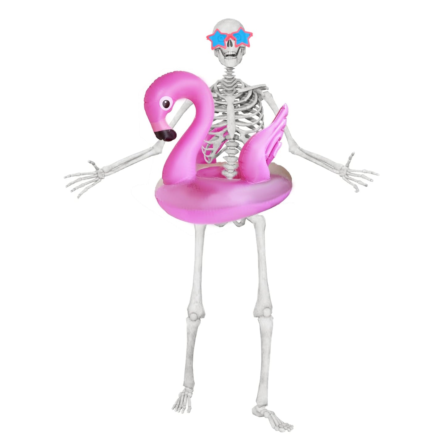 2Pcs 12ft Skeleton Summer Accessories Kit with Flamingo Pool Float and Sunglasses Outdoor Giant Skelly Decor for 12 Foot Skeleton Garden Lawn Summer Party Decorations