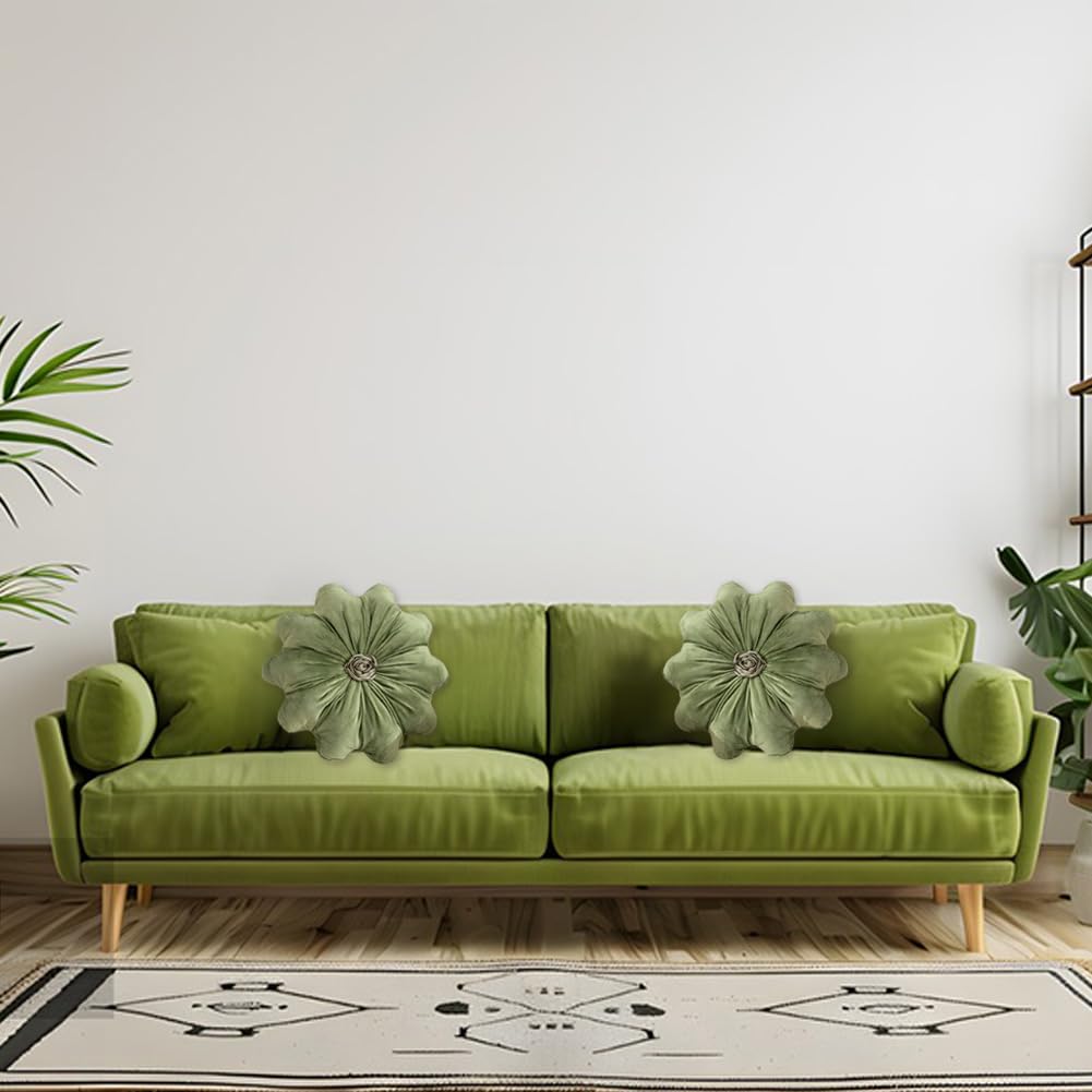 2Pcs Flower Pillow Cushion Round Aesthetics Decorative Throw Pillow 15.7" Velvet Flower Shaped Pillow for Bed Sofa Couch Vanity Chair (Green)