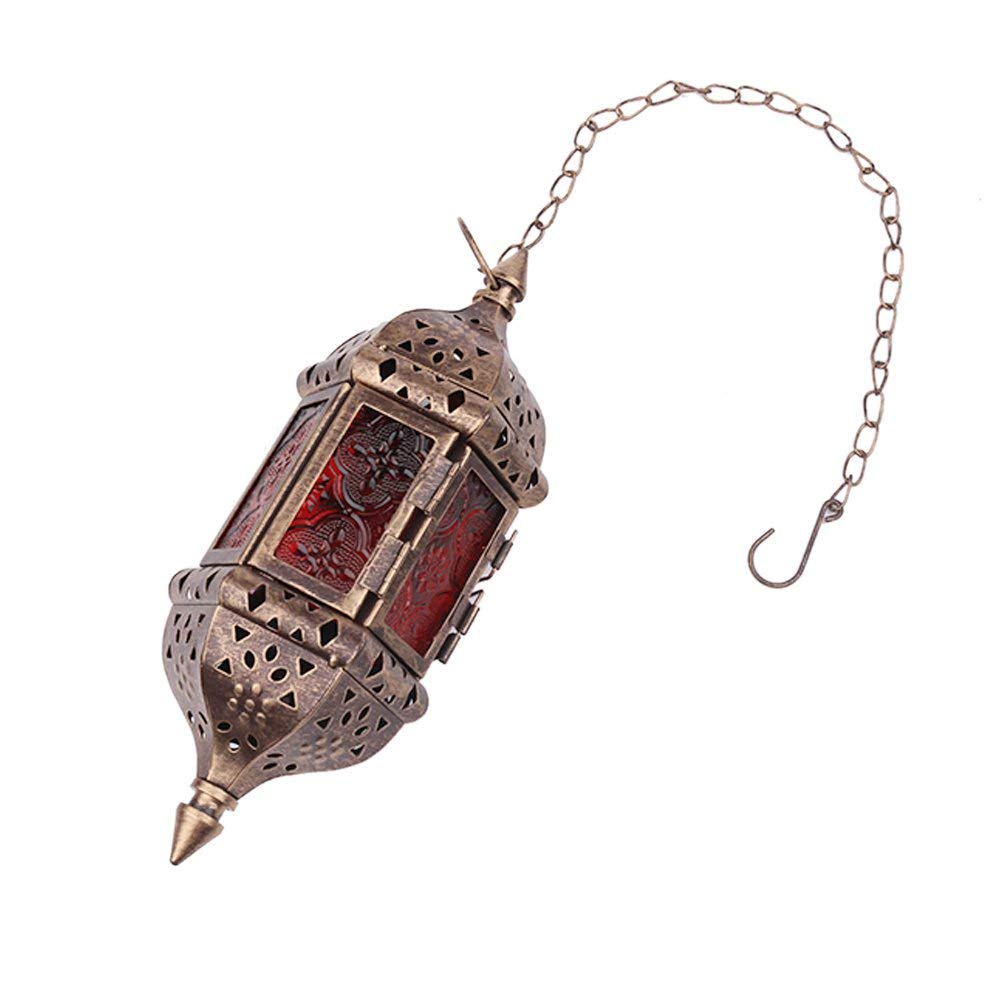 2 Pcs Hanging Hexagon Decorative Moroccan Candle Lantern Holders, Handmade Hanging Tea Light Holder in Bronze Metal & Red & Purple Glass Gift & Decor Items