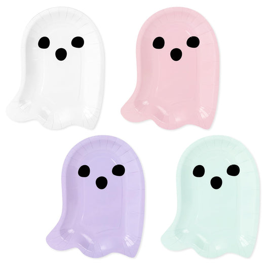 Whaline 40Pcs Halloween Paper Plates Boo Ghost Disposable Dinner Plates 4 Pastel Colors Tableware for Party Supplies Table Decor, 7.6 x 9.6 in