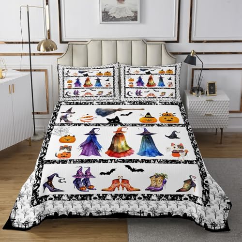 Witch Pumpkin Lantern Bedspread Queen Size Bedding for Teens Living Room Happy Halloween Decor Coverlet Set Gothic Style Cartoon Quilt Set for All Season,3 Pcs with 2 Pillowcases