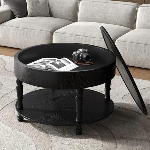 31.5" Round Wood Coffee Table with Hidden Storage, 2 Tier Modern Farmhouse Coffee Table with Open Bottom Shelf & Sturdy Carved legs, Rustic Circle Wooden Coffee Center Tea Table for Living Room, Black