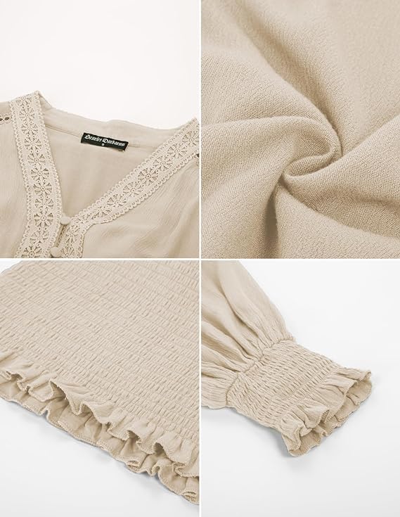 Women's Renaissance Peasant Blouse Smocked Waist Boho Shirts Pirate Tops Beige Medium