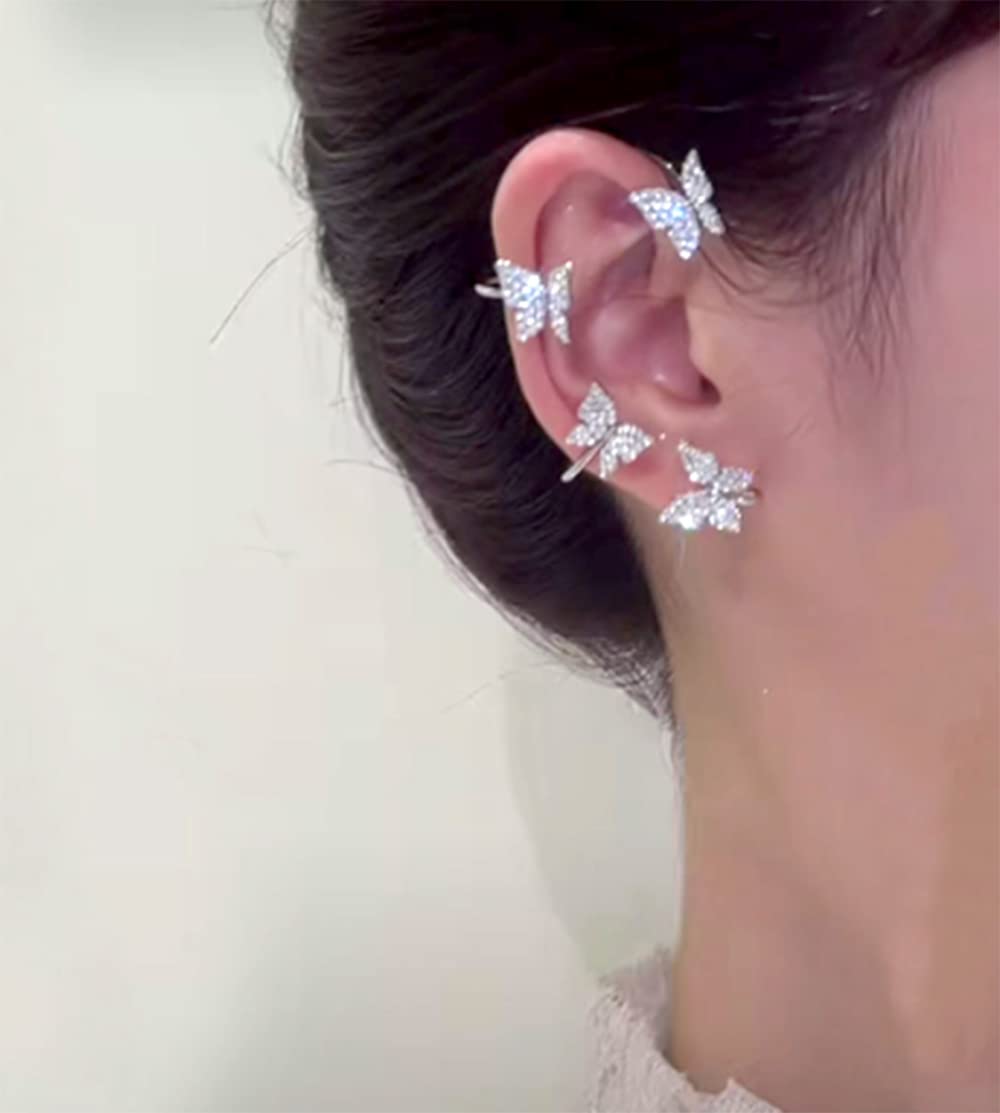 2Pcs Zircon Butterfly Ear Cuff Earrings for Women No Piercing Butterfly Ear Clip Wrap Around Fake Earrings Ear Wrap Crawler Rhinestone Jewerly (silver)