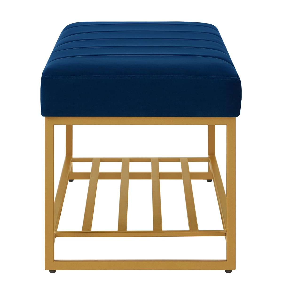 24KF Navy Velvet Upholstered End of Bed Bench with Metal Shelf, Modern Tufted Channel Entryway Bench Footboard Bench for Living Room, Bedroom, Gold Bench,5036-Navy