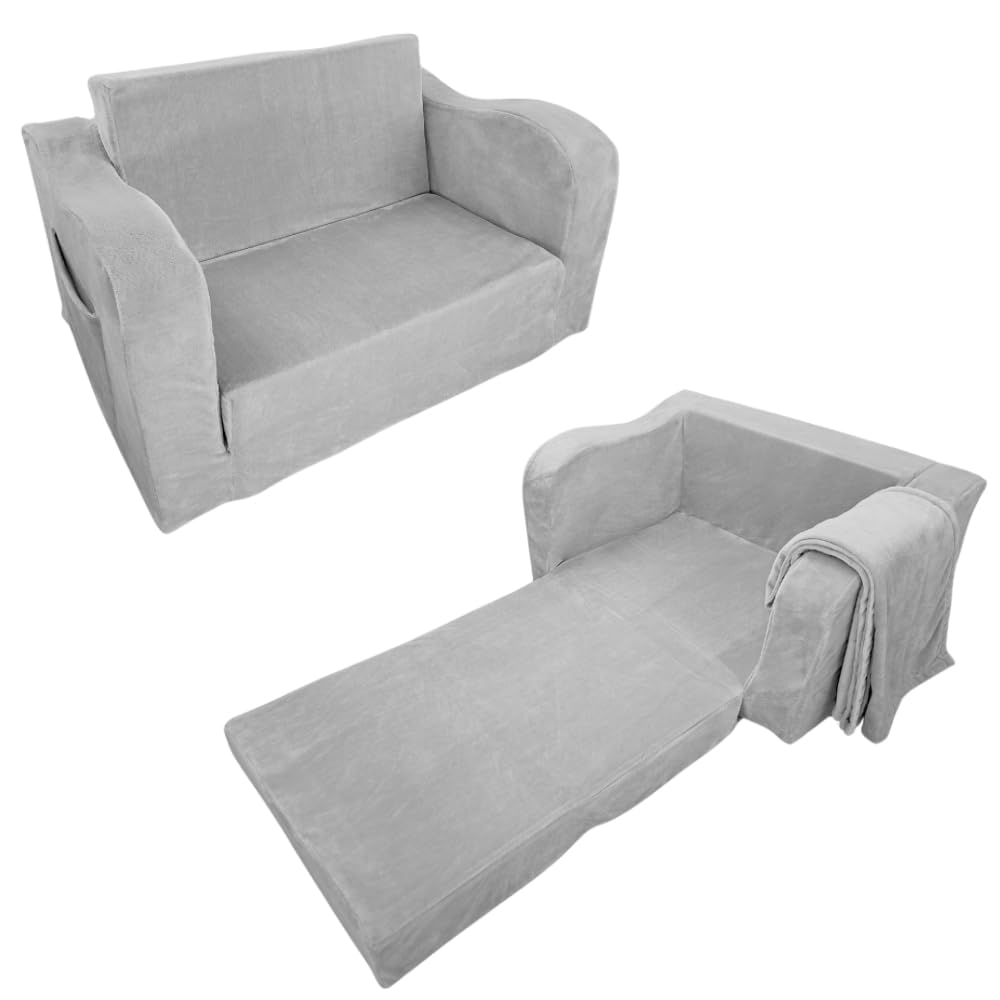 Wonder Space Kids Foam Couch with Blanket, Pre-Assembled Toddlers 2-in-1 Convertible Sofa, Indoor Foadable Lounger Chair & Flip Open Floor Bed for Boys & Girls (Grey)