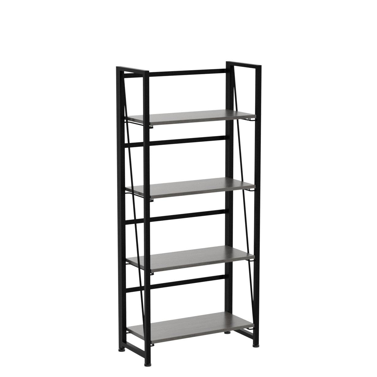 4NM No-Assembly Folding Bookshelf Storage Shelves 4 Tiers Vintage Bookcase Standing Racks Study Organizer Home Office (Gray Black)
