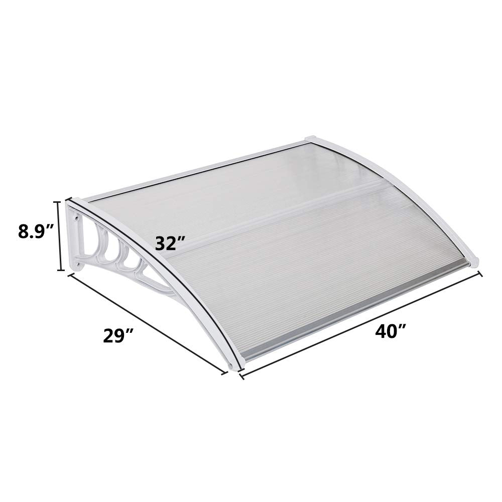 Window Awning Door Canopy, Modern Polycarbonate Front Door Canopy, Patio Awning Canopy Window Door Cover for Rain Snow Sunlight Protection Hollow Sheet (40" x 32", Clear Canopy/White Bracket)