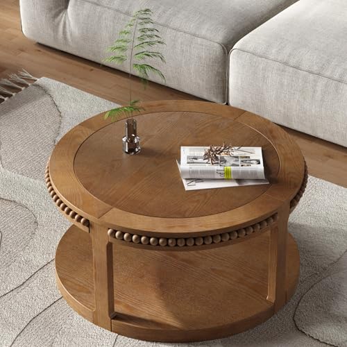 31.5" 2 Tier Round Wood Coffee Table with Open Storage Shelf, Modern Farmhouse Circle Center Table with Delicate Beaded Trim Edges & Sturdy Legs, Wooden Coffee Tables for Living Room, Walnut Brown