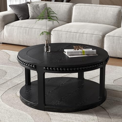 31.5" 2 Tier Round Wood Coffee Table with Open Storage Shelf, Modern Farmhouse Small Circle Center Table with Delicate Beaded Trim Edges & Sturdy Legs, Wooden Coffee Tables for Living Room, Black