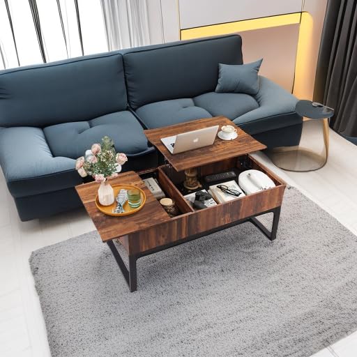 WLIVE Lift Top Coffee Table with Storage, 40.9" Coffee Table with Lifting Top & Sliding Cover, Wood Modern Center Table with 2 Hidden Compartment for Living Room, Retro Brown