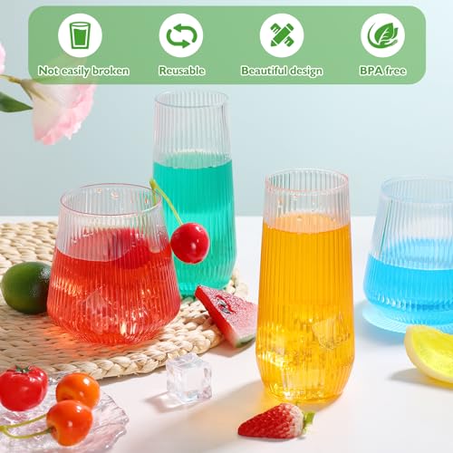 48 Pcs Plastic Wine Glasses Disposable Ribbed Cocktail Cups Set 12 OZ Unbreakable Stemless Champagne Flutes 9 OZ Origami Shatterproof Reusable Clear Party Cup for Wedding, Home, Office, Bar, Drinking