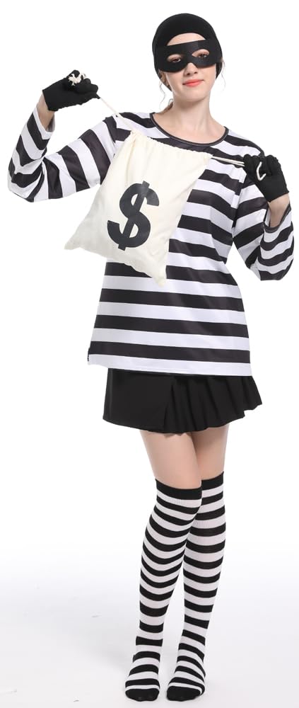 Women's Robber Costume Set Halloween Cosplay Costumes Thief Accessories Black and White Striped T-shirt (L)